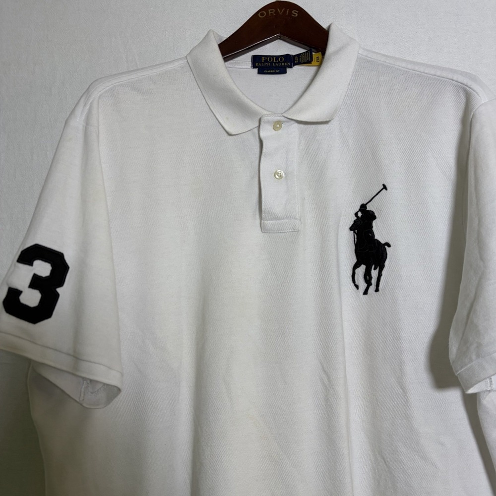 POLO RALPH LAUREN Mens XL Big Pony Classic Fit Polo Shirt WHITE Blue Accents